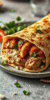 Delicious chicken wrap filled with spices, creamy sauce, and fresh herbs on a rustic table photo