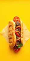 Delicious grilled sausage sandwich with fresh vegetables on a vibrant yellow background photo