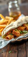 Delicious chicken wrap served with crispy fries on a rustic wooden table during a casual meal setting photo