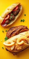 Tasty meat sandwiches served on a colorful yellow background with fresh ingredients photo