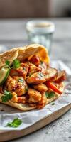 Delicious grilled chicken wrap with fresh vegetables and herbs served on a wooden board photo