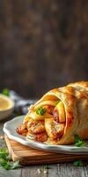 Delicious wrap filled with grilled chicken, cheese, and fresh herbs served on a wooden board photo