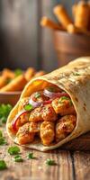 Delicious wrap filled with spicy chicken and fresh vegetables served on a rustic wooden table photo