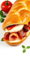Delicious sandwich with crispy bacon, creamy mayonnaise, and fresh tomatoes served on a golden bread roll photo