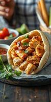 Delicious grilled chicken wrap served with fresh salsa and lime in a cozy dining setting photo