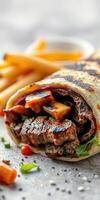Delicious grilled meat wrap with vegetables and fries on a rustic table photo