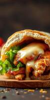 Delicious grilled chicken sandwich with melted cheese and fresh lettuce served on a wooden board photo