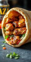 Savory grilled chicken wrapped in fresh flatbread with vegetables and herbs for a flavorful meal experience photo