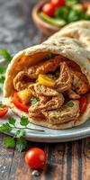 Delicious chicken wrap filled with fresh vegetables ready to be enjoyed at a casual dining setting photo