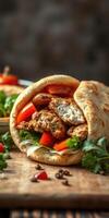 Delicious wrap filled with savory ingredients and fresh vegetables in a warm setting photo