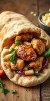 Grilled chicken wrap filled with fresh vegetables and herbs served on a wooden table photo
