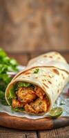 Freshly made chicken wrap with lettuce and lime on a wooden board in a rustic kitchen setting photo