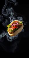 Delicious sandwich with fresh ingredients floating above smoke on a dark background photo