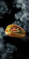 Delicious sandwich with fresh vegetables and smoked meat floating in a smoky background photo