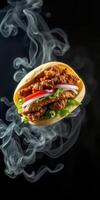 Tasty fried chicken wrap with fresh vegetables and smoky background photo