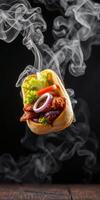 Delicious wrap filled with grilled meat, fresh vegetables, and aroma, creating a flavorful experience with smoke on a dark background photo