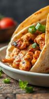 Flavorful grilled chicken wrap served with fresh vegetables in a rustic setting photo