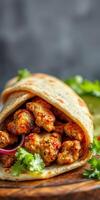 Delicious spicy chicken wrap served with fresh herbs and garnishes in a cozy setting photo