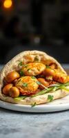 Savory stuffed pita with mushrooms and herbs presented on a white plate in a cozy dining setting photo