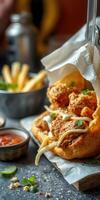Delicious fried chicken served on a soft bun with fresh toppings and sides in a cozy restaurant setting photo