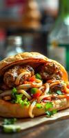 Flavorful sandwich filled with grilled sausages, fresh vegetables, and savory sauces in a cozy eatery setting photo