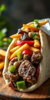Freshly wrapped meat and vegetable burrito served with crispy fries on wooden board photo