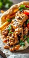 Delicious grilled chicken with flavorful sauce served in pita bread alongside crispy fries and fresh vegetables photo