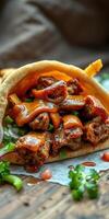 Savory taco filled with seasoned meat, fresh vegetables, and tangy sauce served on a rustic wooden table photo