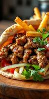 Delicious pita filled with grilled meat, fresh vegetables, and crispy fries served at a vibrant street food market photo