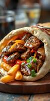 Delicious wrap filled with grilled meat, peppers, and fries served on a wooden board at a casual dining spot photo
