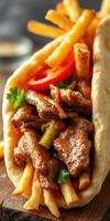 Delicious wrap filled with savory beef, crispy fries, and fresh vegetables served in a warm tortilla photo
