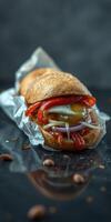 Savory sandwich filled with grilled vegetables and sauce served on a dark background photo