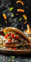 Delicious grilled chicken sandwich with fresh vegetables and flavorful herbs on a wooden table photo