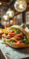 Savory sandwich loaded with grilled chicken and fresh vegetables in a cozy eatery setting photo