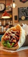 Delicious Turkey Wrap with Fresh Vegetables Served in a Cozy Cafe Setting photo