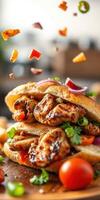 Delicious grilled chicken sandwich with fresh vegetables and sauces ready to be enjoyed at a casual eatery photo