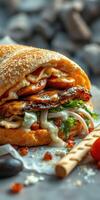 Delicious grilled chicken sandwich with fresh vegetables and creamy sauce on a sesame seed bun photo