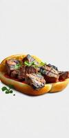 Grilled steak served on a soft bun topped with fresh herbs and sauce for a flavorful meal photo