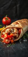 Delicious wrap filled with grilled chicken, fresh tomatoes, and herbs on a dark background photo