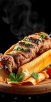 Grilled meat skewer served in a toasted bread with herbs and spices in a dark setting photo