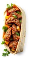 Savory grilled meat wrapped in fresh flatbread with colorful vegetables and herbs photo