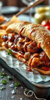 Delicious sandwich filled with savory meat and sauce served with fries and garnished with herbs photo