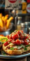 Delicious sandwich topped with spicy tomato sauce and served with fries in a vibrant restaurant setting photo