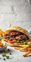 Delicious grilled chicken burger with fresh vegetables and crispy fries on a textured background photo