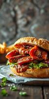 Juicy barbecue sandwich loaded with tender meat and fresh vegetables served with crispy fries photo