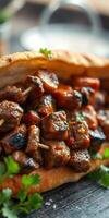 Grilled meat skewers served on a warm flatbread with fresh herbs and spices photo