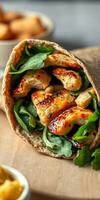 Delicious grilled chicken wrap with fresh greens served on a wooden table at a cozy cafe photo