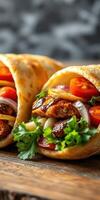 Freshly made wraps filled with grilled chicken, vegetables, and herbs on a wooden surface photo