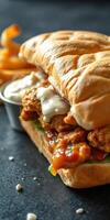 Crispy fried chicken sandwich with tangy sauce and side of fries served on a dark wooden table photo