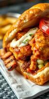 Delicious crispy chicken sandwich with toppings served on a plate alongside crispy fries photo
